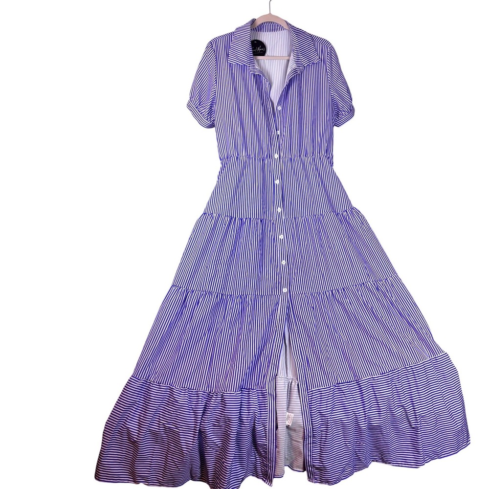 Socialite Maxi Dress Womens XL Blue White Striped Tiered Shirt Dress